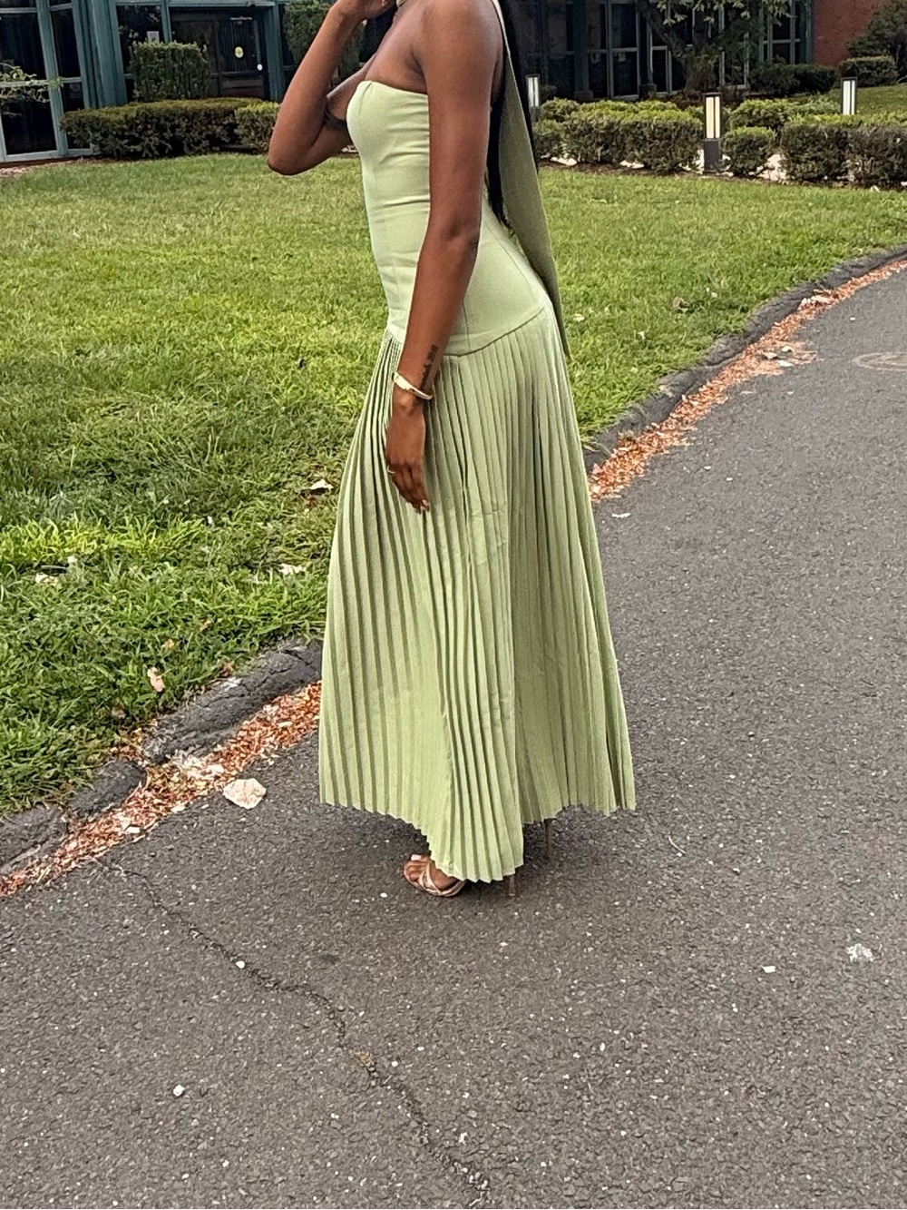 PrettyLittleThing Sage Green Strapless Pleated Maxi Dress